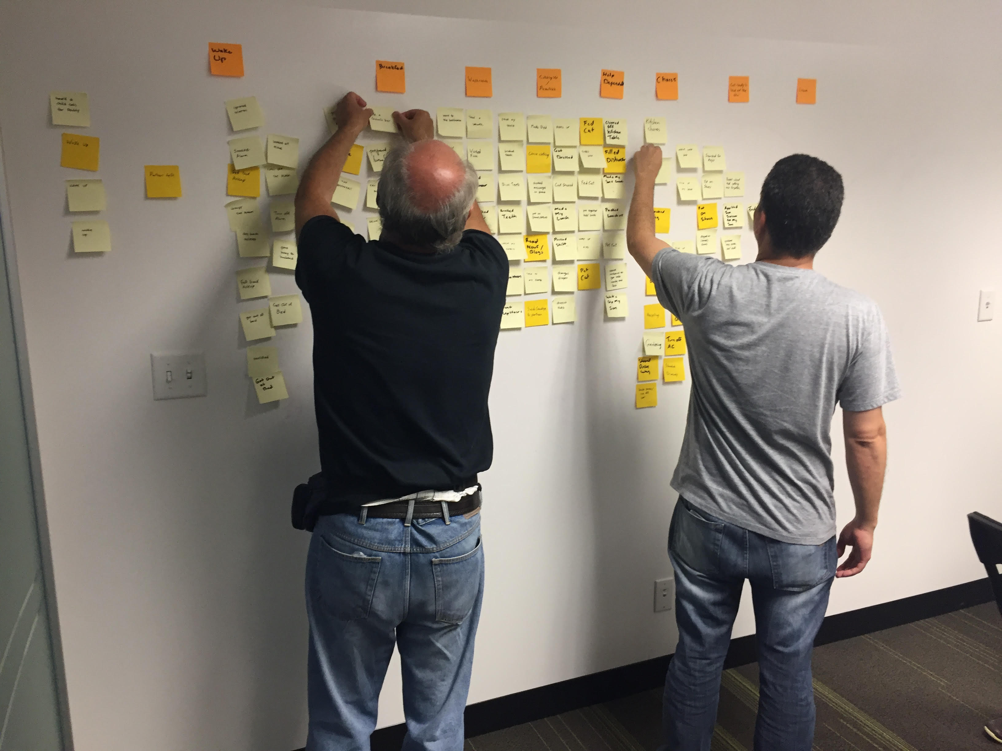 Two men putting post-its on whiteboard